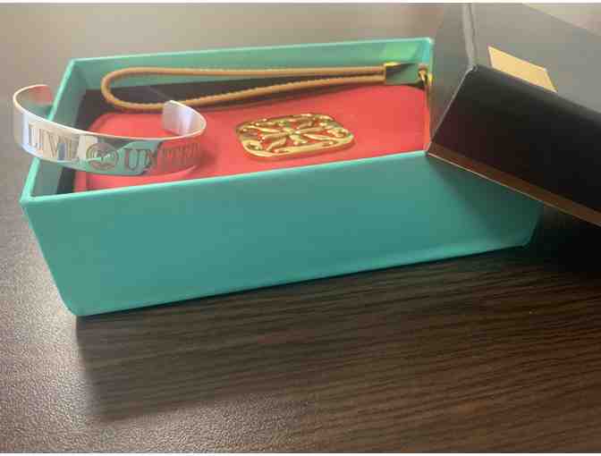 Custom 'Live United' metal cuff and wristlet from Rustic Cuff