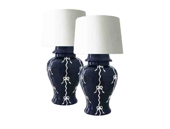 Blue Ribbon Elegance: Set of Two Hand-Painted Ginger Jar Lamps - Photo 1