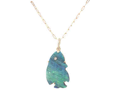Carved Opal Fish pendant with white diamond bezel eye on 14k yellow gold