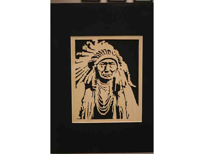 'Chief Joseph' Native American Scroll Saw Plaque in Matte Frame