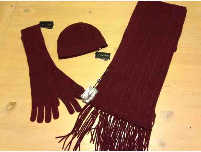 Ralph Lauren Black Label 100% Cashmere Cable Scarf, Gloves, and Beanie in Maroon