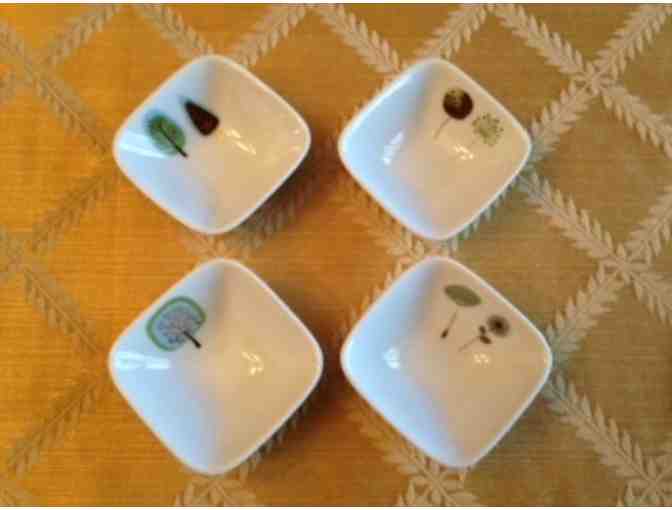 A Quartet of Porcelain Dipping Bowls & A Pair of Porcelain Wine Bottle Coasters