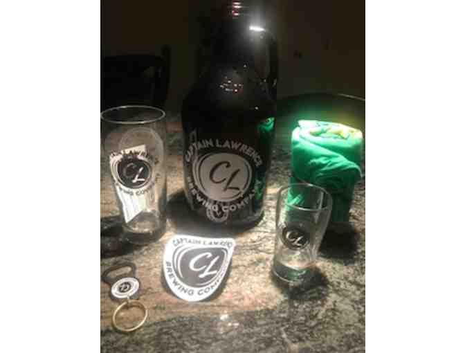 A gift certificate for a 64 oz. growler filling and a gift bag of Captain Lawrence goodies