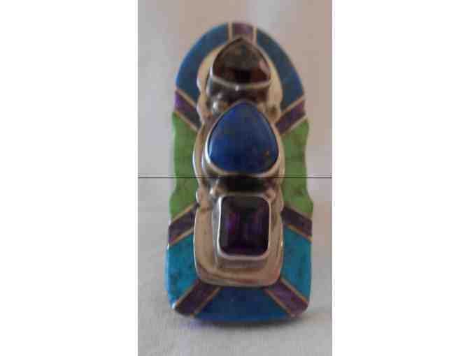 Sterling Ring with Inlaid Amethyst, Lapis and Smoky Quartz, Signed  by Betty Thomas