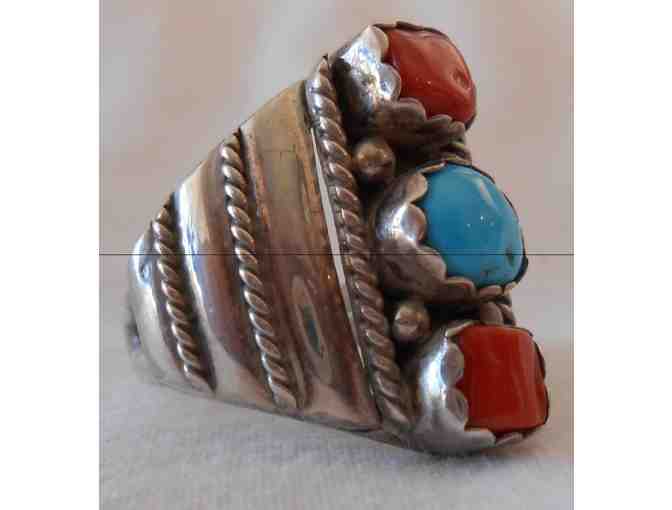 Native American Ring - Sterling with coral and turquoise stones