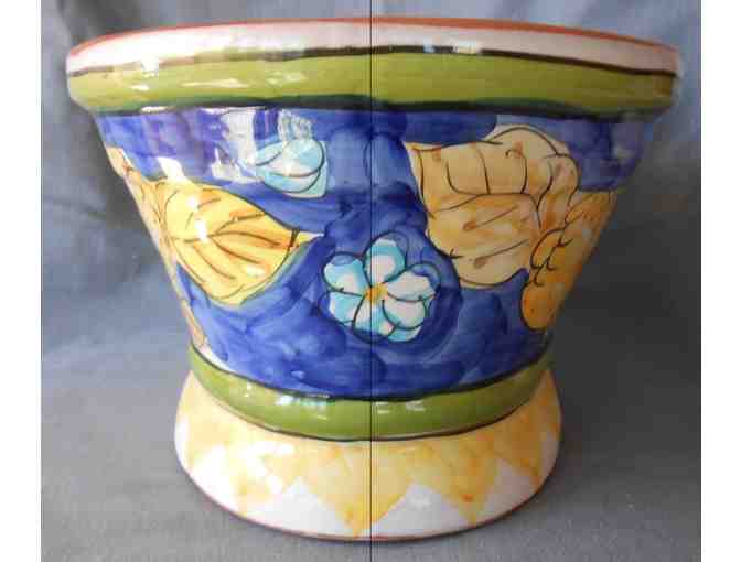 Pottery Cache Pot (Hand-painted yellow, blue and green fruit and flower motifs)