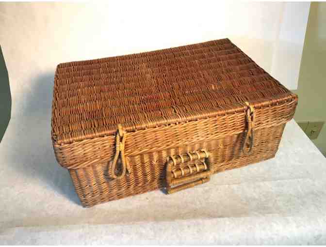 Antique wicker picnic hamper with stainless storage boxes