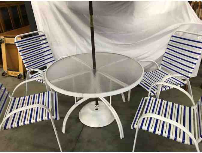 Outdoor table, chairs,and umbrella