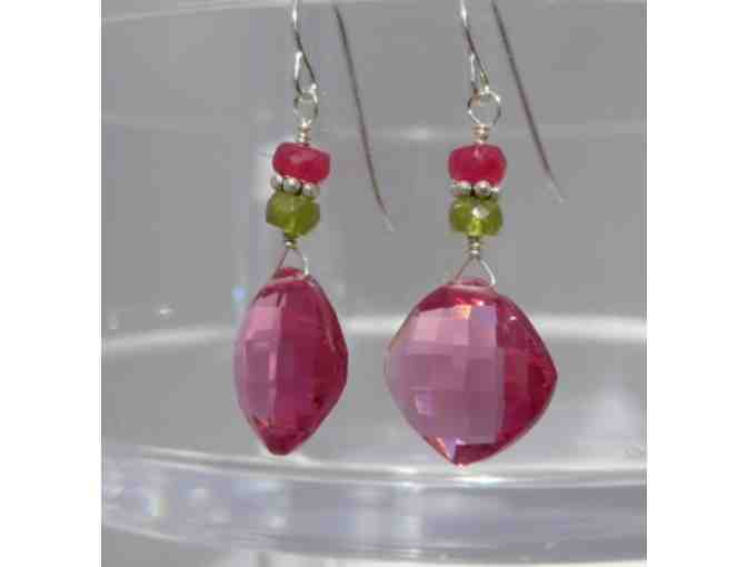Pink Quartz with ruby and peridot earrings