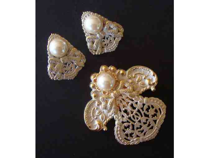 Gold Plate & White Enamel Angel Pin & Earrings Set by AOL