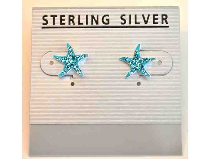 Sterling Silver Starfish Earrings With Blue Crystal Accents