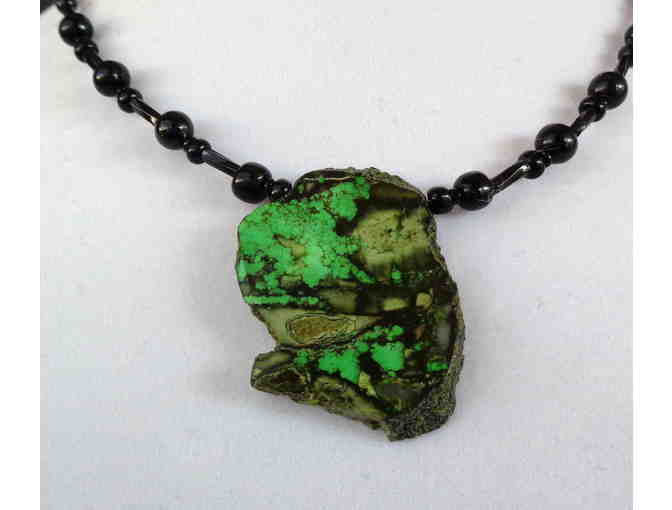 Hand-Crafted Green & Black Stone Pendant Necklace -- New