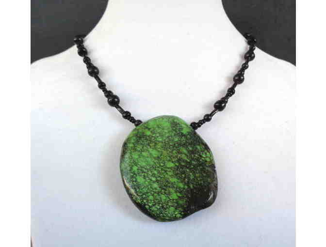 Hand-Crafted Green & Black Speckled Pendant Necklace -- New