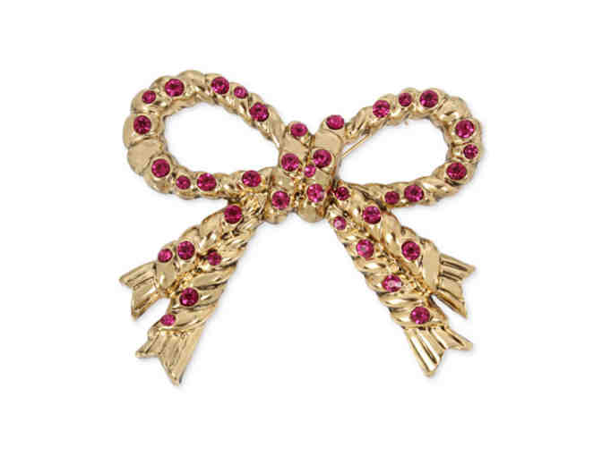 Gold-Tone Fuschia Stone Bow Pin -- New