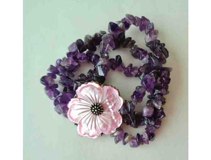Pink Flower & Triple Strand Amethyst Stretch Bracelet -- Like New