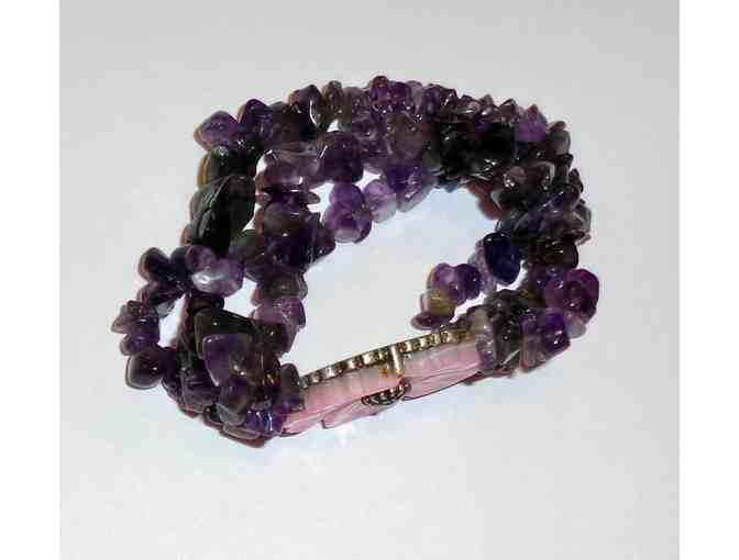 Pink Flower & Triple Strand Amethyst Stretch Bracelet -- Like New