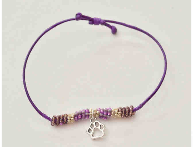 Purple Bead & Pawprint Adjustable Bracelet -- New
