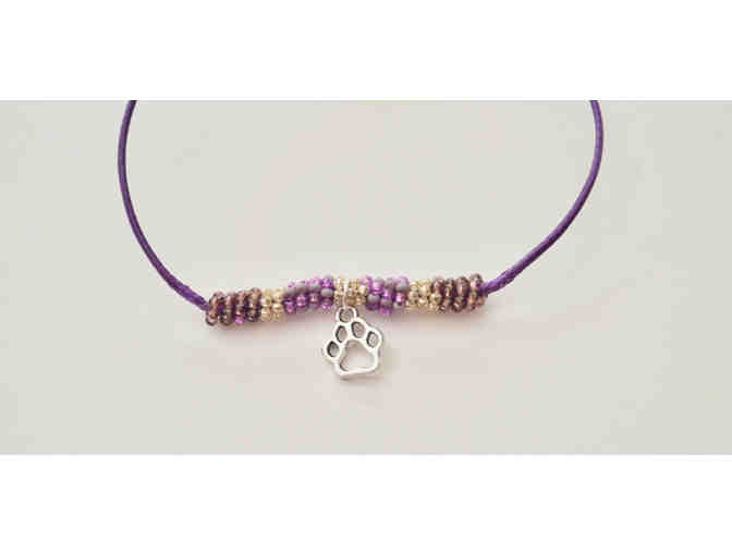 Purple Bead & Pawprint Adjustable Bracelet -- New