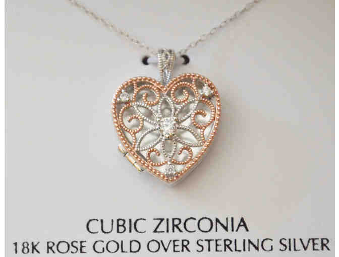 Rose Gold on Sterling Openwork Filigree Heart Locket Pendant Necklace -- New
