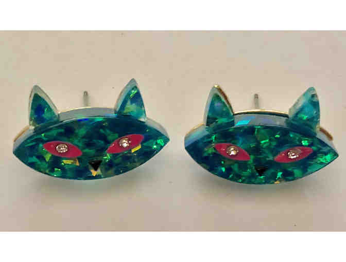 Green and Blue Multi-Stone Cat Stud Earrings -- New