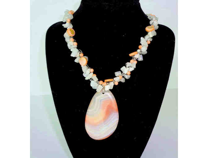 Hand-Crafted Bead & Stone, Coral & White Necklace -- New