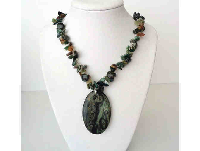 Hand-Crafted Bead & Stone, Deep Green & Black Necklace -- New