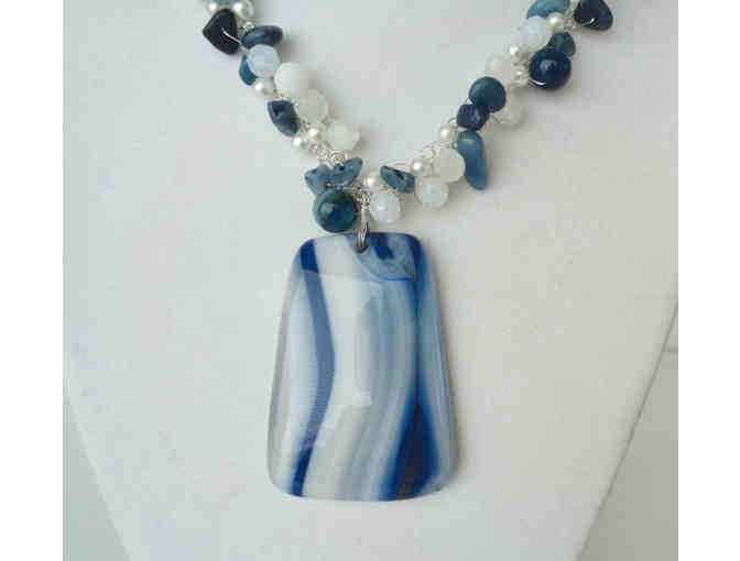 Hand-Crafted Bead & Stone, Blue & White Necklace -- New