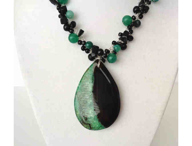 Hand-Crafted Bead & Stone, Green & Black Necklace -- New