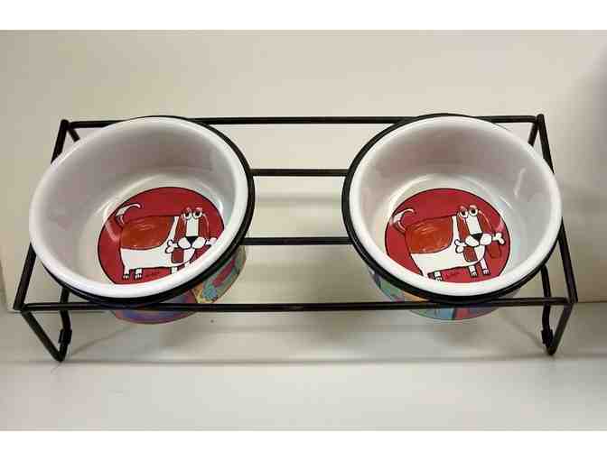 Dog Bowls - Set of 2 - Ceramic in Iron Tray