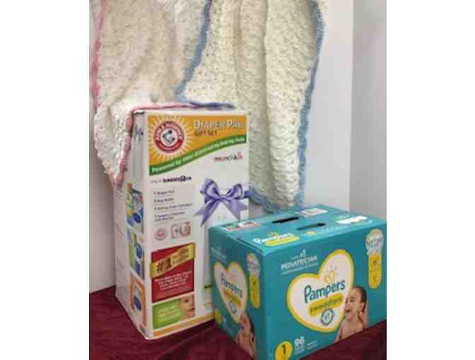 Diaper Pail Gift Set, Diapers and 2 Hand-Crocheted Blankets