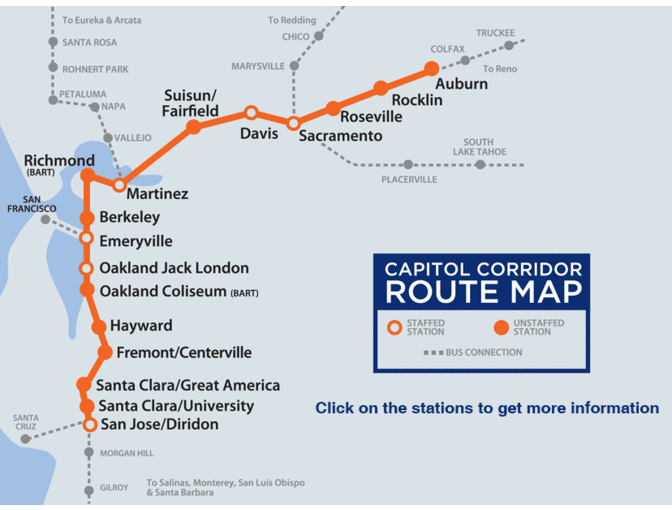 Capitol Corridor ~ Round Trip Tickets for (4) Four to any station along the Capitol Corrid