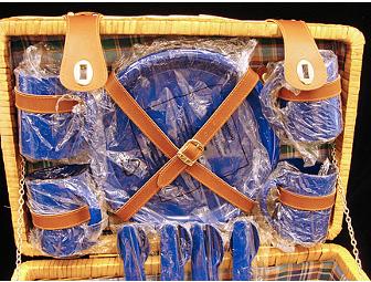 Wicker Picnic Basket with Blue Place Setting for Four