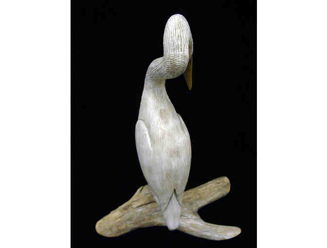 Carved Heron Statue Mounted on Driftwood
