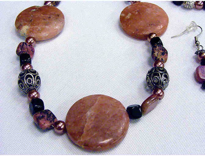 Handmade Pink Rhodonite Stone Jewelry Set (Necklace, Earrings and Bracelet)