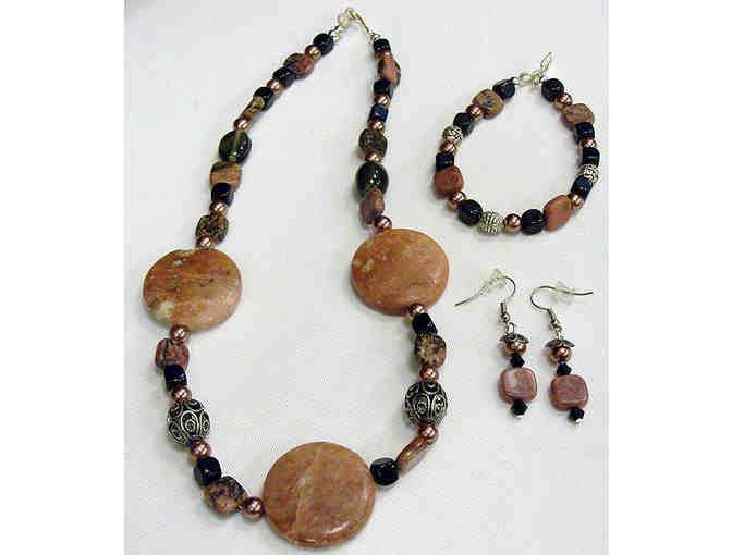 Handmade Pink Rhodonite Stone Jewelry Set (Necklace, Earrings and Bracelet)