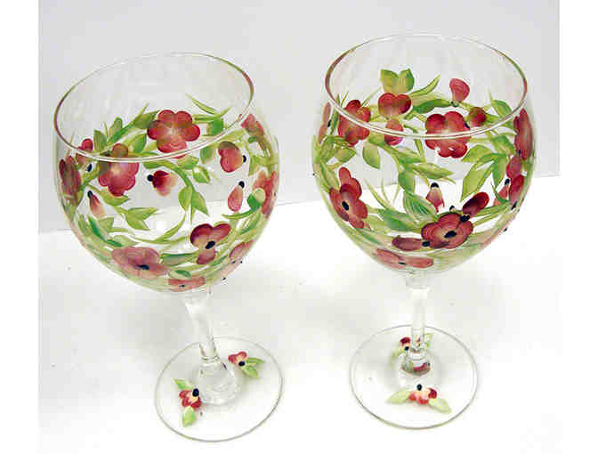 Set of 2 Hand Painted Red Floral Wine Goblets with Bottle of Pinot Noir