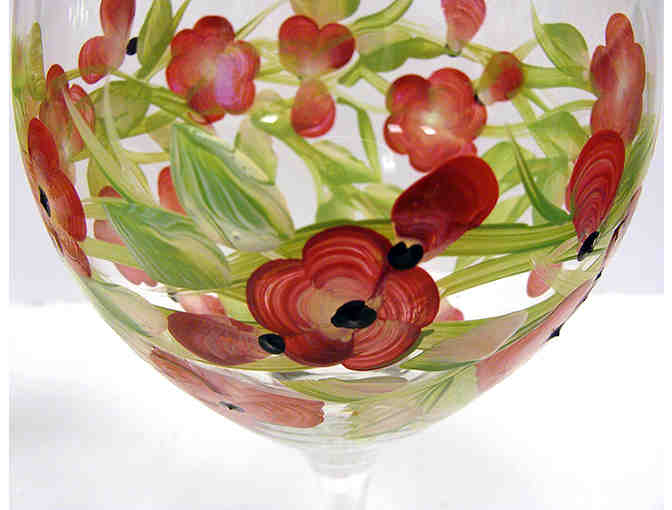 Set of 2 Hand Painted Red Floral Wine Goblets with Bottle of Pinot Noir