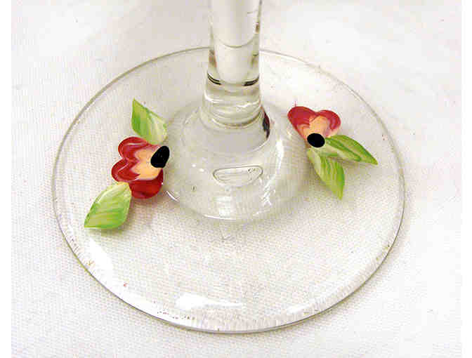 Set of 2 Hand Painted Red Floral Wine Goblets with Bottle of Pinot Noir