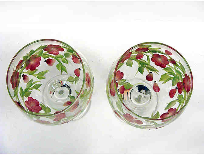 Set of 2 Hand Painted Red Floral Wine Goblets with Bottle of Pinot Noir