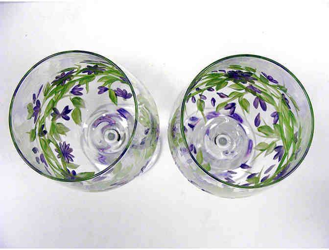 Set of 2 Hand Painted Puple Floral Wine Glasses with a Bottle of Wine