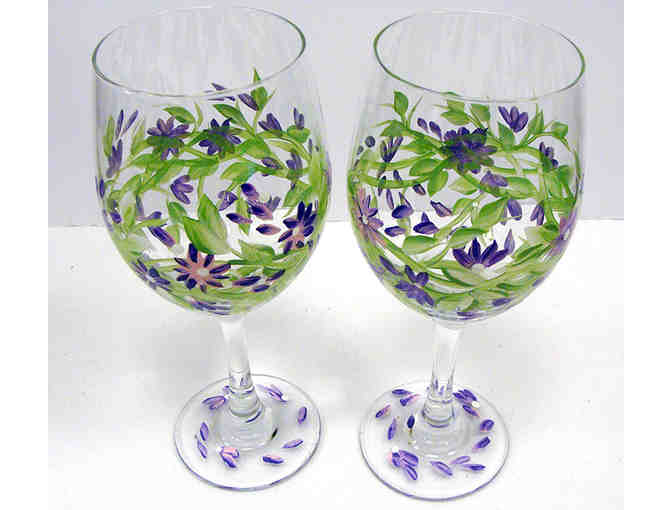 Set of 2 Hand Painted Puple Floral Wine Glasses with a Bottle of Wine
