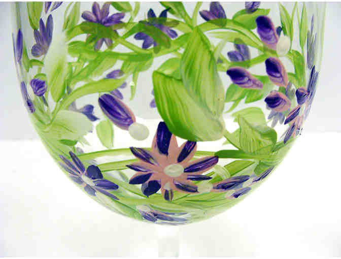 Set of 2 Hand Painted Puple Floral Wine Glasses with a Bottle of Wine