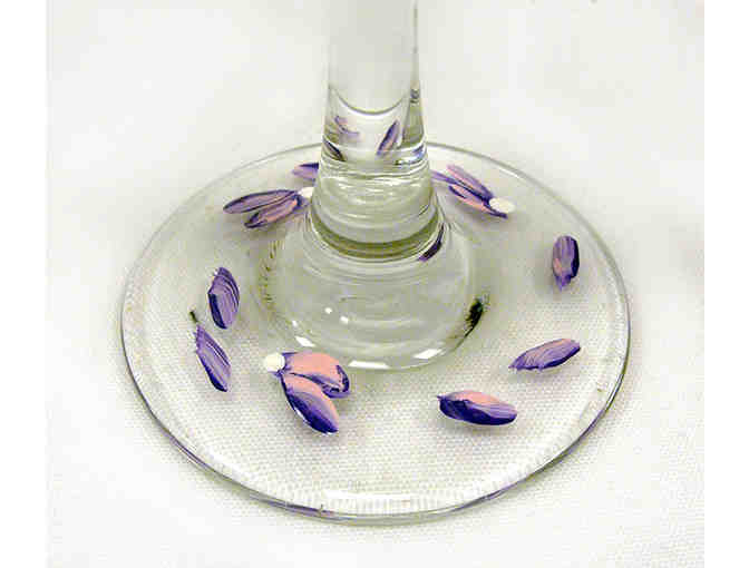Set of 2 Hand Painted Puple Floral Wine Glasses with a Bottle of Wine