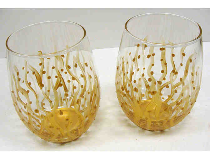 Set of 2 Gold Hand Painted Wine Tumbler Glasses