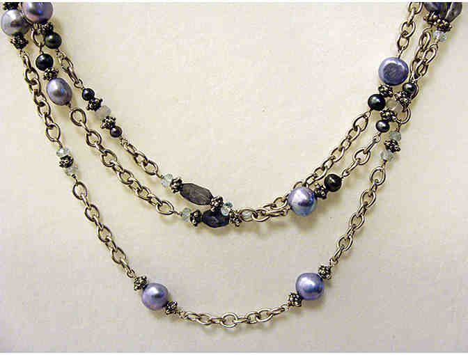 Sara Blaine Triple Strand Silver Fresh Water Pearl & Quartz 16' Necklace