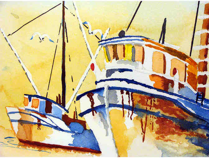 Original Watercolor Painting of Boats in Harbor by David Clifton