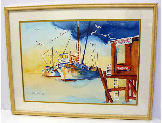Original Watercolor Painting of Boats in Harbor by David Clifton