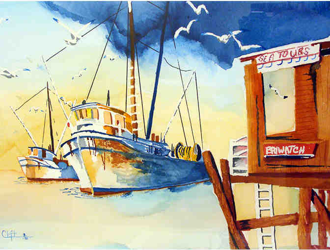 Original Watercolor Painting of Boats in Harbor by David Clifton