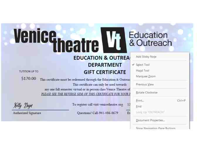 Fall class at Venice Theater tuition voucher
