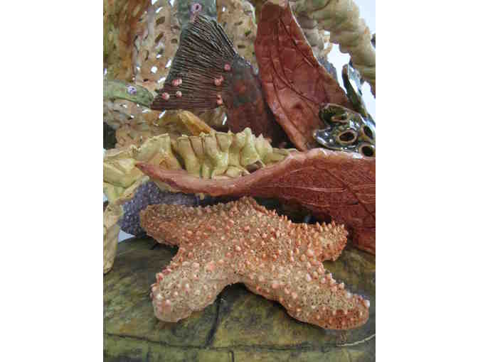 Leatherback Sea Turtle Sculpture with little fish, by ceramics artist Polly Aiello